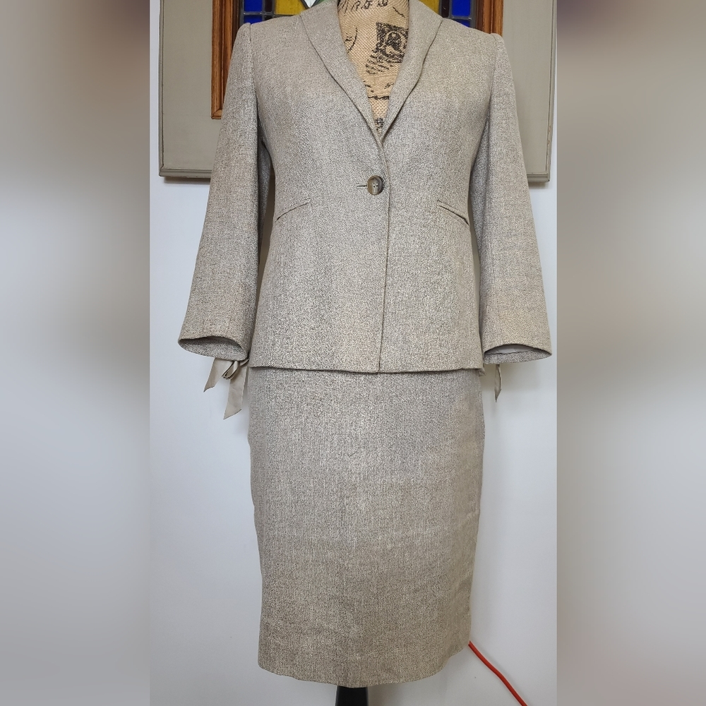 Linen Blend Ann Taylor Skirt Suit with Bow Detail